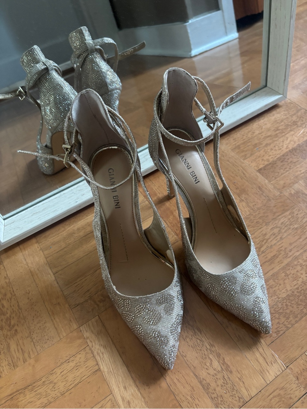 Gianni Bini Champagne Gold Glitter Pointed-Toe Ankle-Strap Heels